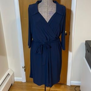 Star Vixen Womens 2X Navy Faux Wrap Dress Collared 3/4 Sleeves